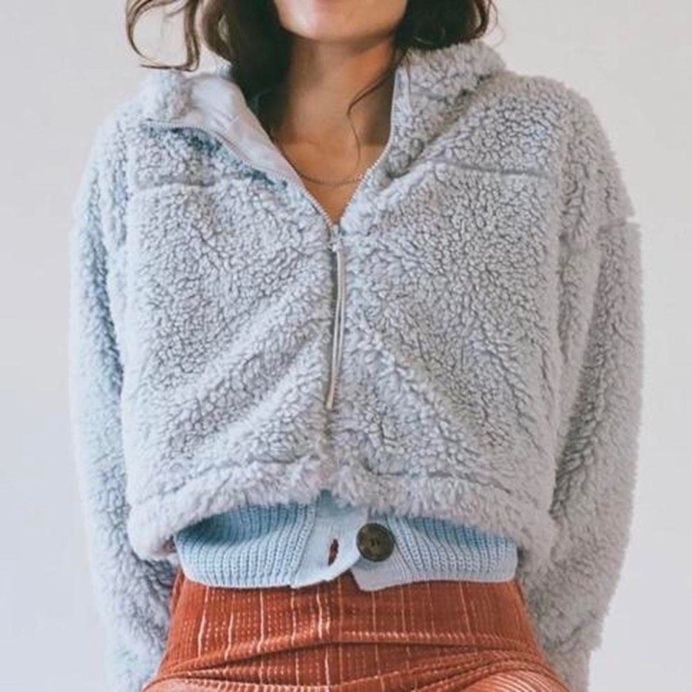 Blue Teddy Cropped Hooded Jacket